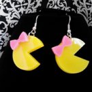 Yellow Mr OR Miss Pacman w/ Pink Bow Dangle Earrings Ms Pac-Man Retro Gamer 80's