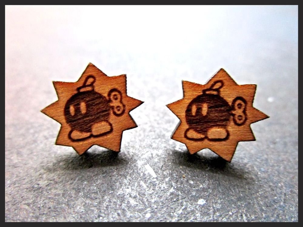 Super Mario Bros Inspired Bob-Omb Cherry Wood Stud Earrings SMB Power Up Bomb