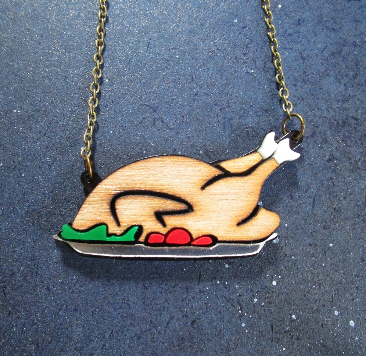 Holiday Turkey Dinner Necklace Acrylic and Cherry Wood Thanksgiving / Christmas