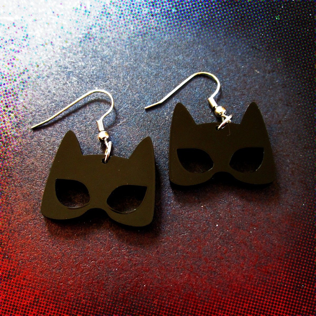 Catwoman Black Mask Silhouette Shape Earrings, Cowl Cat Woman Ears