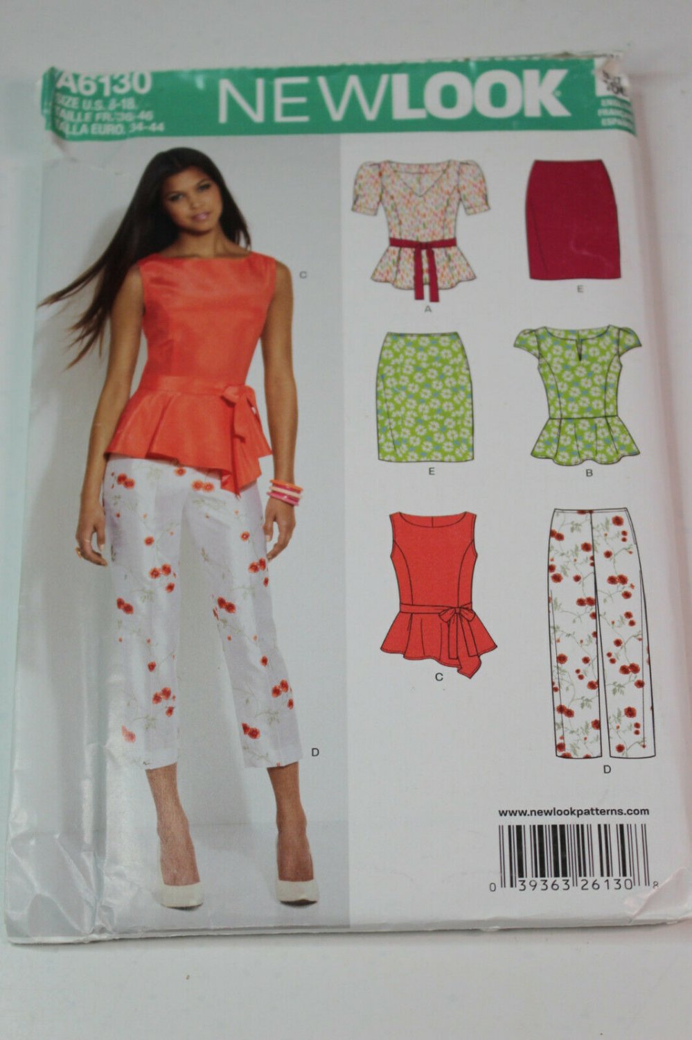 New Look A6130 Fitted Peplum Top Shirt Skirt Pants Sz 8-18 Sewing Pattern