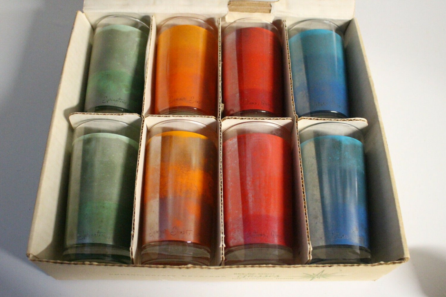 Bartlett Collins Vtg 8 Glass Set Box Tumblers Glasses Spring Summer Winter Fall