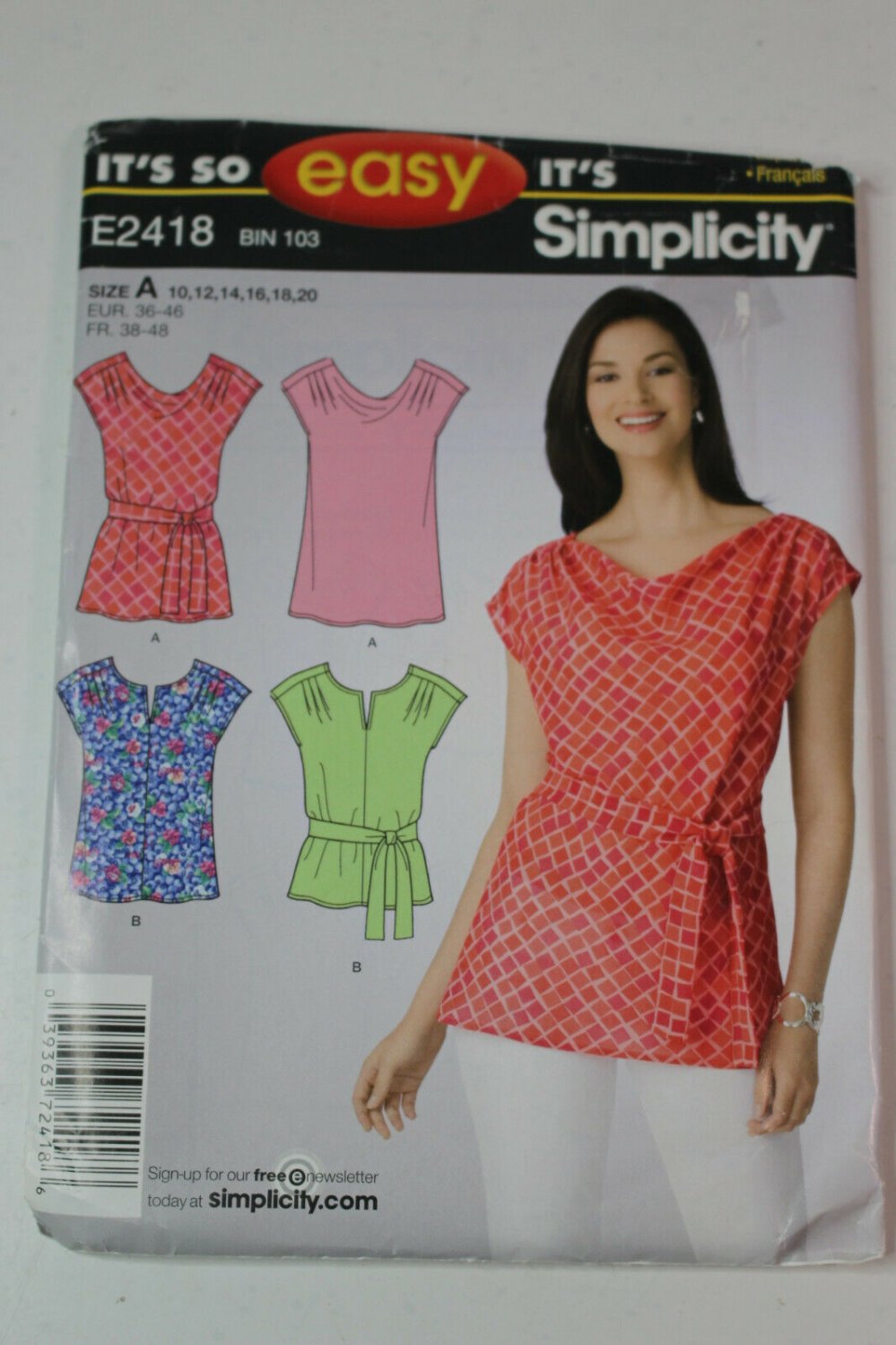 Simplicity E2418 Easy Shirt Top Tunic 2 Lengths Draped Scoop Notch Neck Pattern