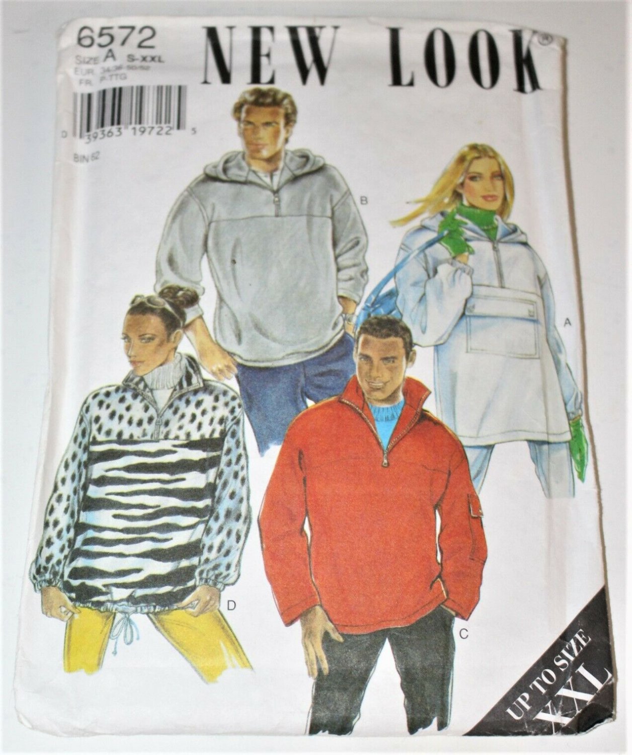 New Look 6572 Pullover Hoodie Jacket Top Front Pocket Unisex Sz S - XXL Pattern
