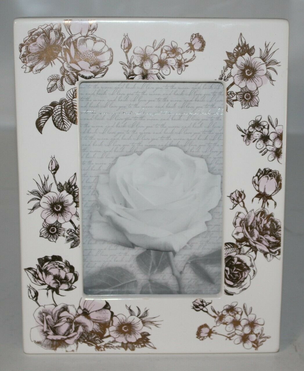 White Pink Bronze Copper Metallic Rose Floral Picture Frame Ceramic Glass 9"x7"