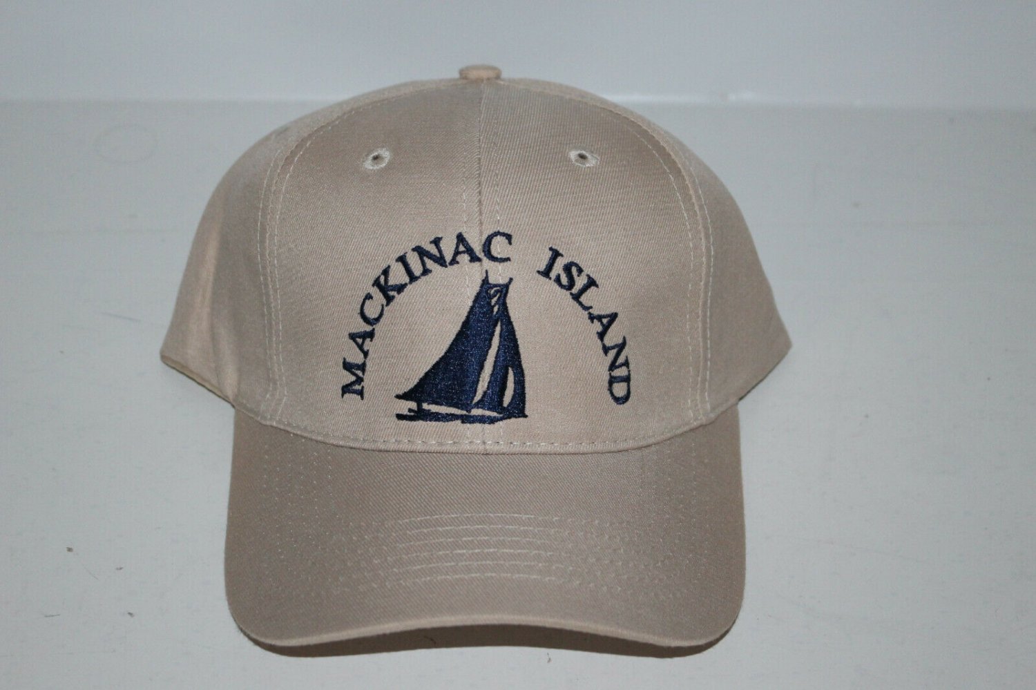 Mackinac Island MI Baseball Hat Cap Tan Navy Blue Sailboat Embroidered NOS UP