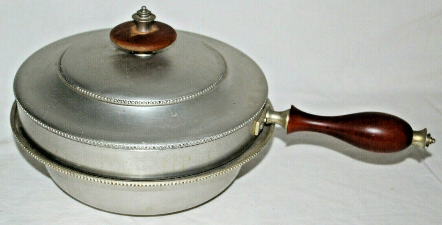 Vtg BW Buenilum Beaded Edge Aluminum Wood Handle Chafing Dish 3 pc Art Deco