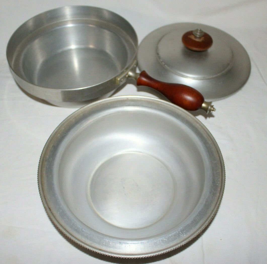 Vtg BW Buenilum Beaded Edge Aluminum Wood Handle Chafing Dish 3 pc Art Deco