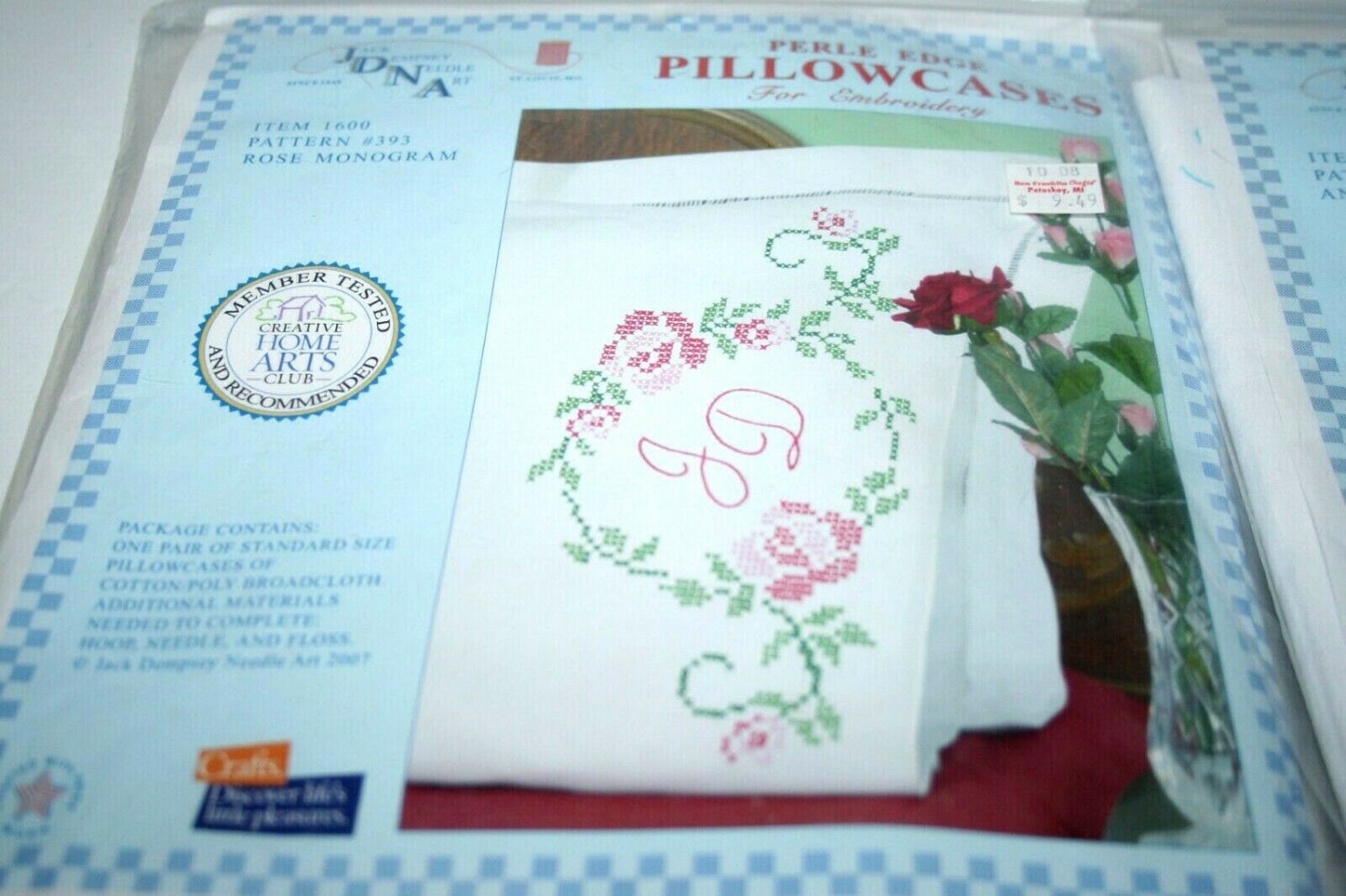 JDNA Perle Edge Pillowcase Pair Rose Monogram Stamped Cross Stitch Kit New Vtg