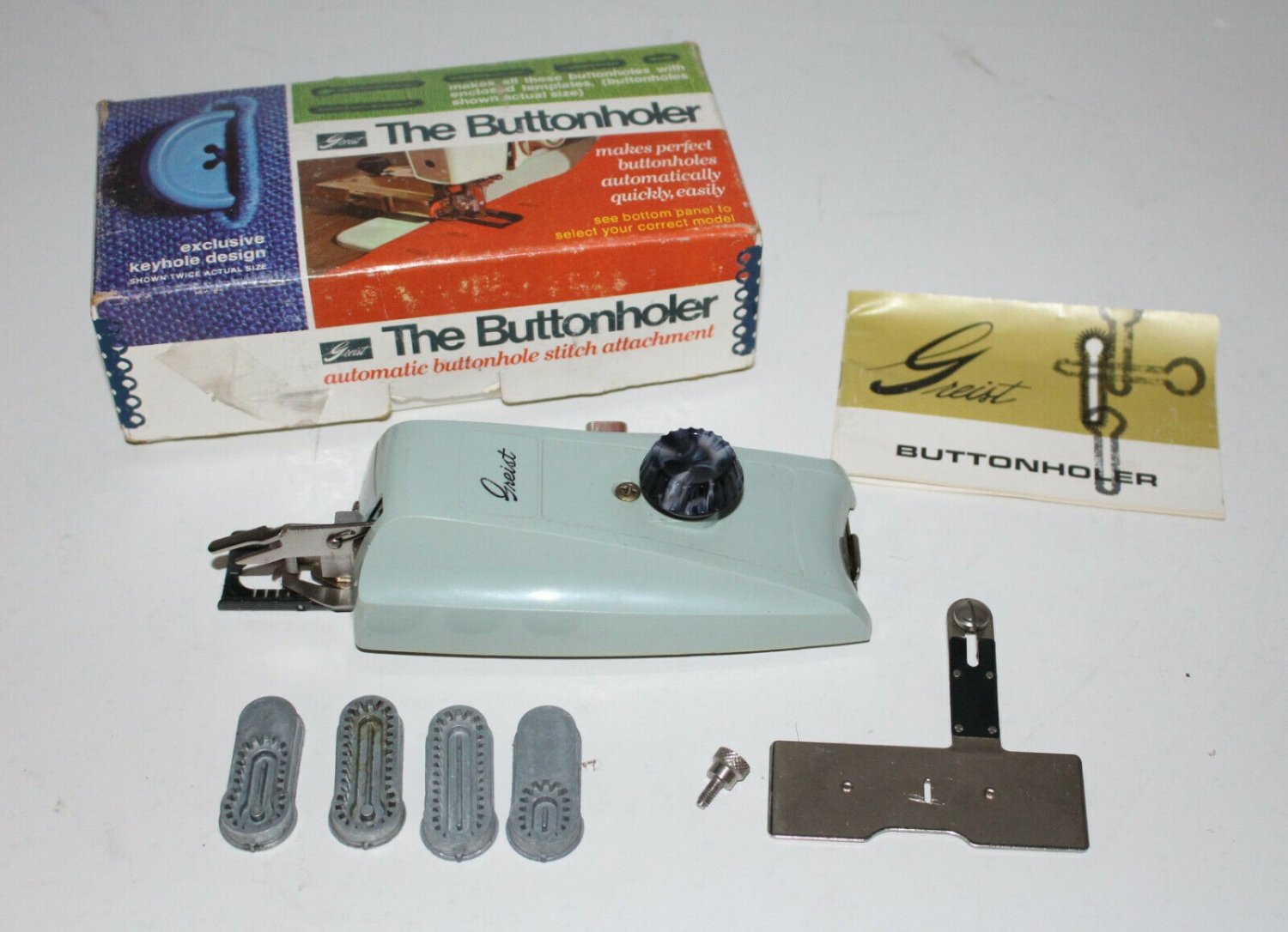 Greist Buttonhole Maker Buttonholer Attachment Complete Low Left w Cams 6