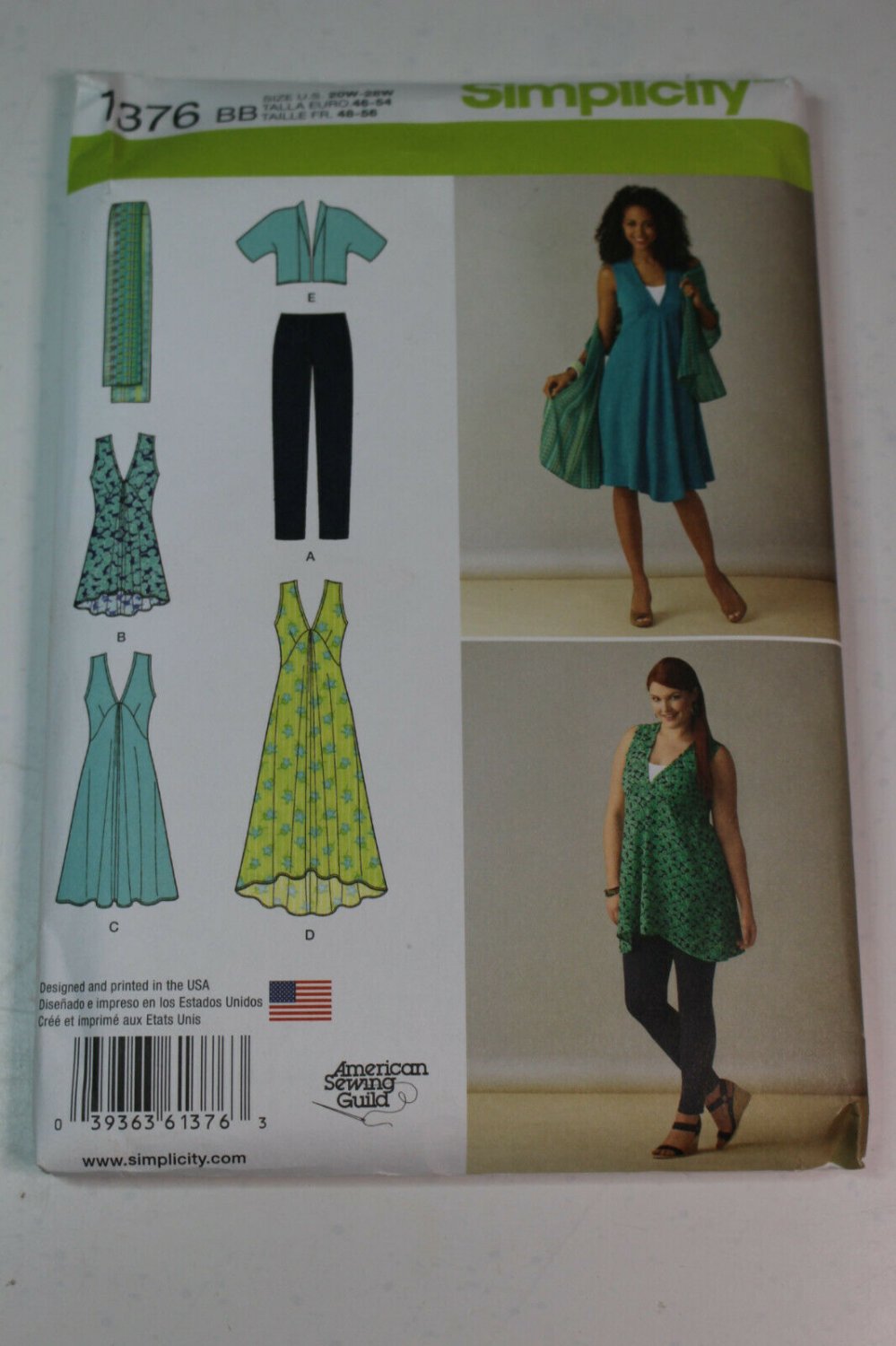 Simplicity Sewing Pattern 1376 Dress Tunic Scarf Jacket Leggings SZ 20-28W Uncut
