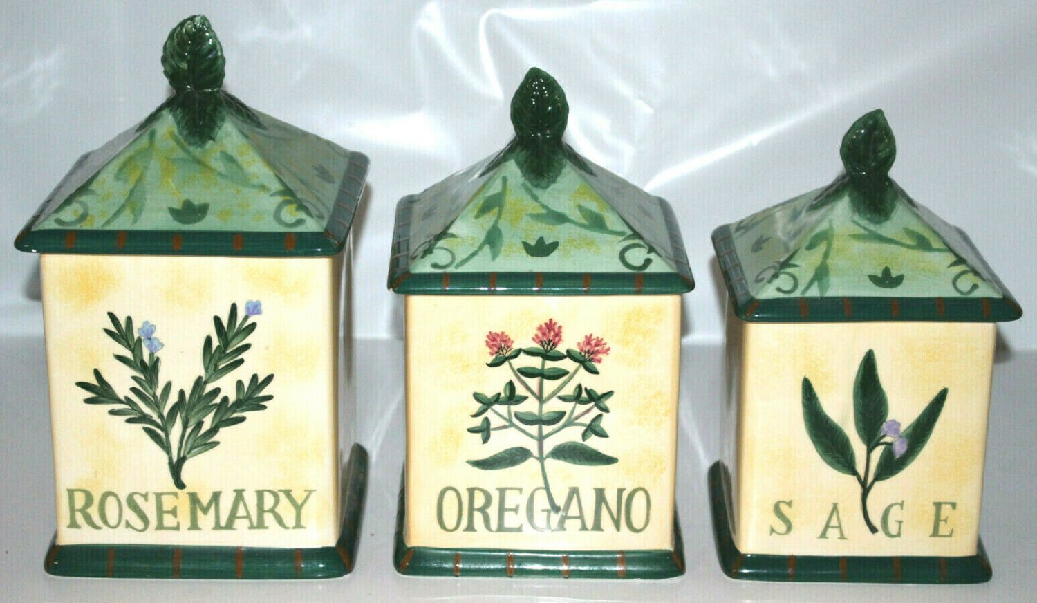 Jennifer Brinley Ceramic Herb Design Canister Set Rosemary Oregano Sage Leaf