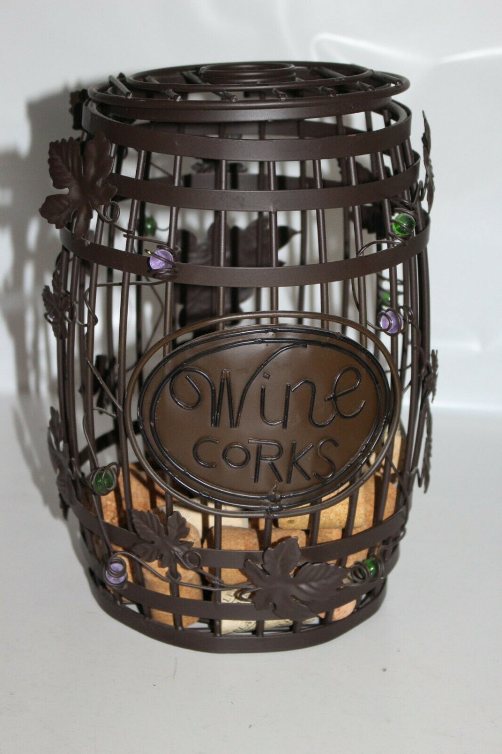 Barrel Wine Cork Holder Dark Bronze Metal Wire w Grape Leaves Beads and Corks
