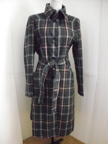TEX by MAXAZRIA WOMEN'S LONG COAT WOOL JACKET PLAID GRAY PINK SIZE L EXCELLENT!