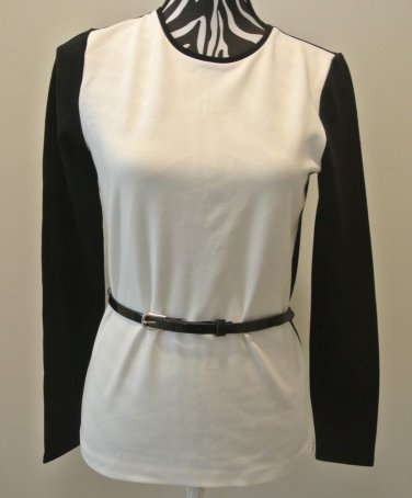 LAUREN RALPH LAUREN White Black Long Sleeve Knit SHIRT Blouse Top Size M PETITE
