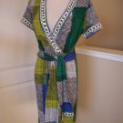 BCBG MAXAZRIA WOMEN'S GREEN BLUE BLACK PRINT FAUX WRAP SHORT SLEEVE KNIT DRESS S