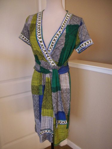 BCBG MAXAZRIA WOMEN'S GREEN BLUE BLACK PRINT FAUX WRAP SHORT SLEEVE KNIT DRESS S