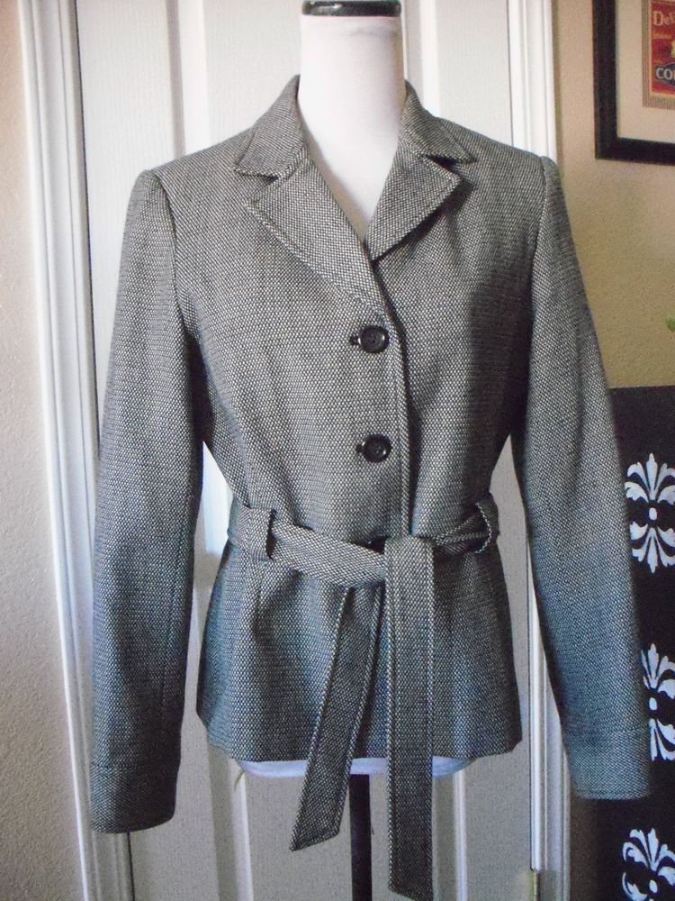 HARVE BENARD WOMEN'S WHITE BLACK WOOL TWEED Belted Blazer Jacket SIZE 8