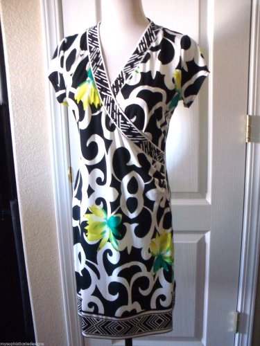 ALFANI WOMENS WHITE BLACK V NECK  SHORT SLEEVE FAUX WRAP DRESS SIZE S PETITE NEW