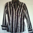 NEW YORK & CO WOMEN'S BLACK GRAY STRIPES LONG SLEEVE SHIRT BLOUSE TOP SIZE XS
