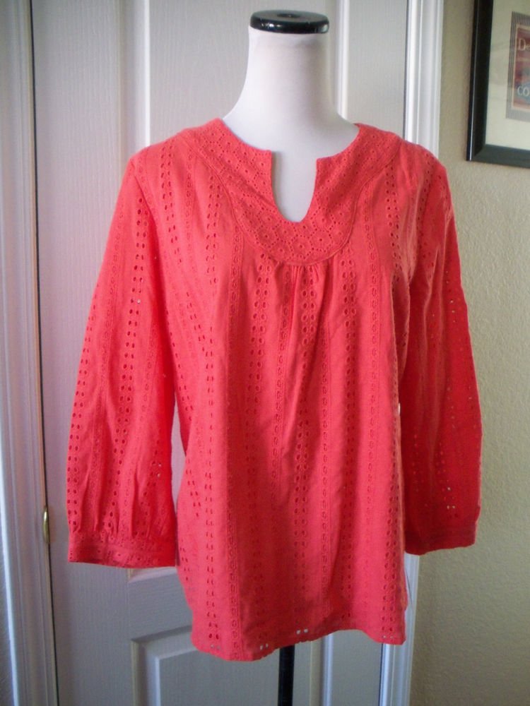 CHARTER CLUB WOMEN'S CORAL 3/4 SLEEVE TUNIC TOP SIZE 12P NEW