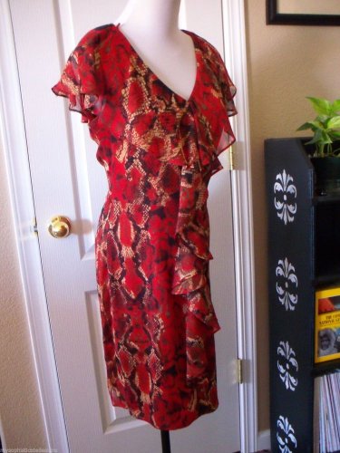 BLU SAGE WOMEN'S RUSTY RED BEIGE BLACK SNAKE PRINT RUFFLE TIER DRESS SIZE 4 NEW