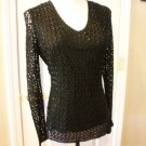 BASIX WOMEN'S BLACK CROCHET BEADED V NECK LONG SLEEVE OCCASION BLOUSE TOP SIZE S