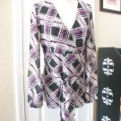 NINE WEST WOMEN'S WHITE PURPLE GRAY V NECK LONG SLEEVE CHIFFON SHIRT TOP SIZE 4