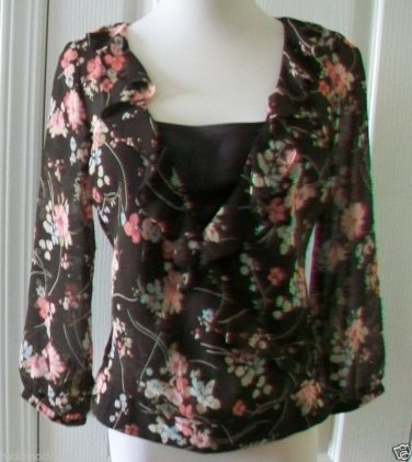 ANN TAYLOR WOMEN'S PINK BROWN 3/4 SLEEVE CHIFFON RUFFLE Blouse Shirt Top SIZE 4P