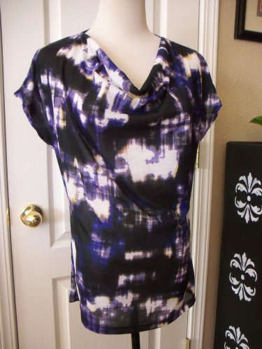 KENNETH COLE WOMENS WHITE PURPLE BLACK CAP SLEEVE KNIT SHIRT Blouse Top SIZE M 8