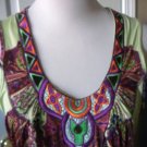 UNITY WOMEN'S PURPLE GREEN EMBROIDERY SCOOP NECK SMOKED WAIST TUNIC DRESS SIZE L
