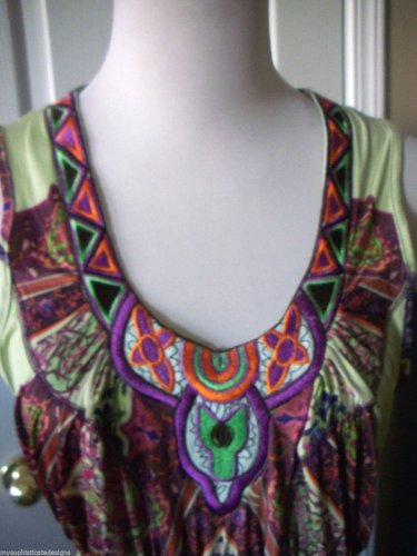 UNITY WOMEN'S PURPLE GREEN EMBROIDERY SCOOP NECK SMOKED WAIST TUNIC DRESS SIZE L