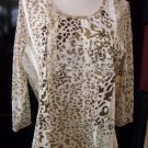 COLDWATER CREEK WOMEN'S WHITE TAN ANIMAL PRINT 3/4 SLEEVE  BLOUSE TOP SIZE L NEW