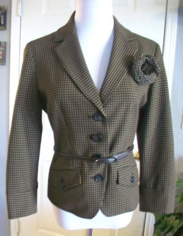 NINE WEST WOMENS BROWN BLACK 3/4 SLEEVE  FITTED BELTED JACKET SIZE 4 ADORABLE!