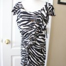 SIONI WOMEN'S WHITE BLACK ANIMAL PRINT SHORT SLEEVE RUFFLE KNIT TOP SIZE L