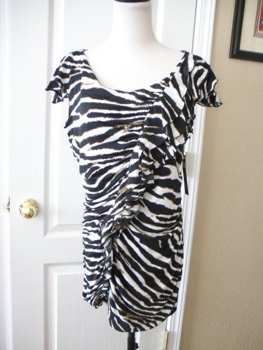 SIONI WOMEN'S WHITE BLACK ANIMAL PRINT SHORT SLEEVE RUFFLE KNIT TOP SIZE L