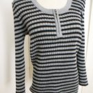 CABLE GAUGE WOMENS SILVER BLACK STRIPE 3/4 SLEEVE RIBBED KNIT SWEATER TOP SIZE L