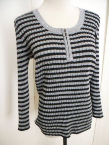 CABLE GAUGE WOMENS SILVER BLACK STRIPE 3/4 SLEEVE RIBBED KNIT SWEATER TOP SIZE L