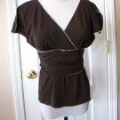 STUDIO M WOMEN'S BROWN CAP SLEEVE V NECK RUCHED WAIST SHIRT BLOUSE TOP SIZE PM