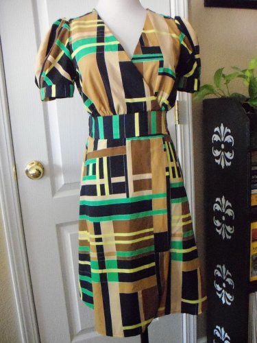 THE WEBSTER Womens Navy Tan Green Plaid Short Sleeve FAUX WRAP Dress SIZE XS