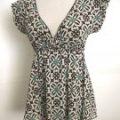 STUDIO M WOMEN'S BROWN IVORY AQUA V NECK CAP SLEEVE KNIT Tunic Top SIZE S NEW!