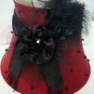 RED AND BLACK FABRIC LAMP SHADE BLACK BEADS AND FEATHERS 8×10×13