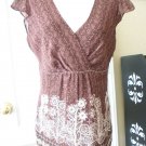 BANDOLINO WOMENS white Mauve Brown Embroider V Neck Cap Sleeve Blouse Top SZ 10