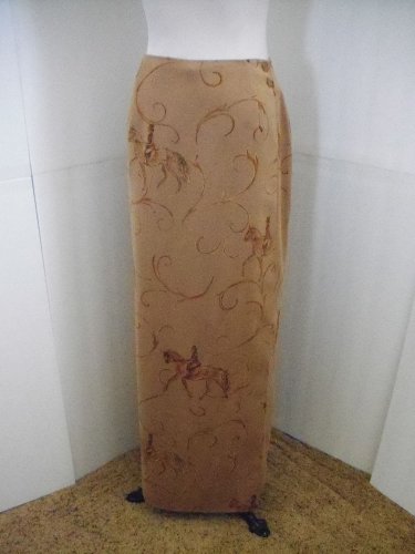TALBOTS WOMENS EQUESTRIAN HORSE PRINT Tan Camel FAUX SUEDE Long Wrap Skirt Sz 12