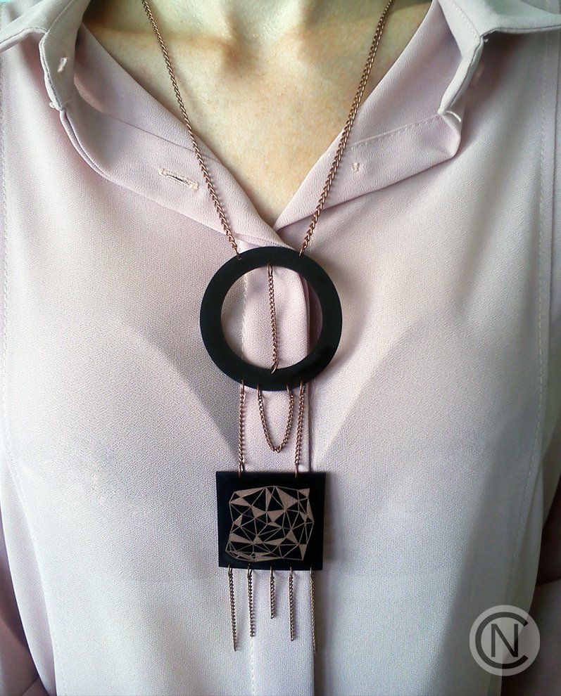Necklace with two black shrink plastic pendants and chains/ shrink plastic jewelry