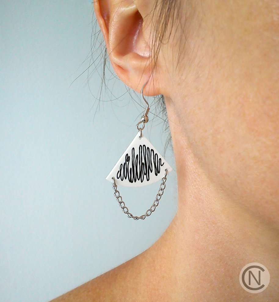 Handmade earrings with white shrink plastic and chain/ shrink plastic jewelry