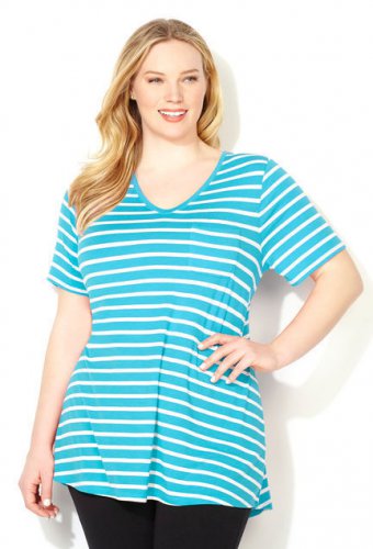 NWT tee blouse AVENUE aqua stripe 4X short sleeve cotton V pocket top shirt