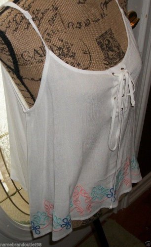New embroidered cami tank blouse Mine womens clothing large tie front top hi lo