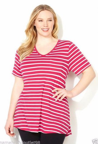 NWT tee blouse AVENUE raspberry stripe 3X short sleeve cotton V pocket top shirt