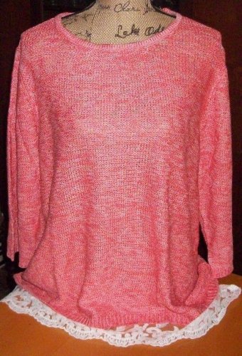 New $59 LACE mesh trim sweater blouse cool melon 2X 3X knit ribbed top